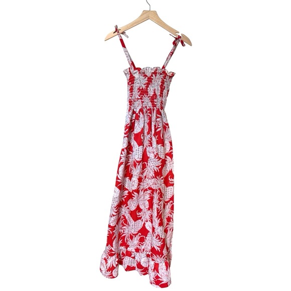 Hawaiian Diamond Head Maxi Dress Small Vintage Pineapple Red White Smocking Tie - Picture 1 of 7